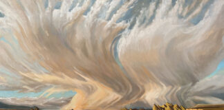 Southwestern art - Natasha Isenhour, "Two Worlds Collide: Bearing Witness," 2025, oil, 36 x 60 in., Private collection, Studio from plein air studies