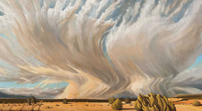 Art, Impermanence, and the Southwest Southwestern art - Natasha Isenhour, "Two Worlds Collide: Bearing Witness," 2025, oil, 36 x 60 in., Private collection, Studio from plein air studies