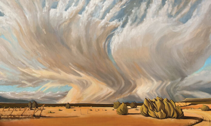 Natasha Isenhour, "Two Worlds Collide: Bearing Witness," 2025, oil, 36 x 60 in., Private collection, Studio from plein air studies Southwestern art - Natasha Isenhour, "Two Worlds Collide: Bearing Witness," 2025, oil, 36 x 60 in., Private collection, Studio from plein air studies