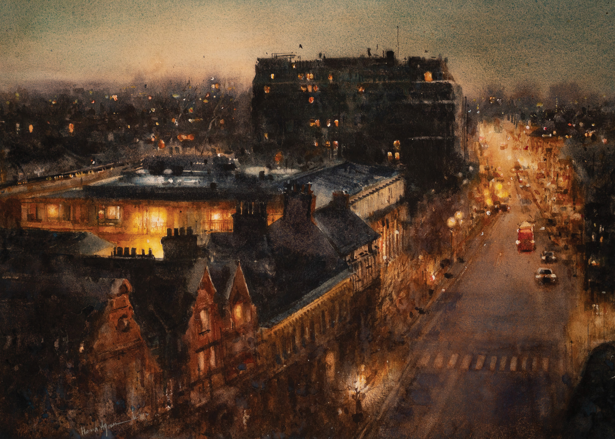 Harsh Agrawal, "Chelsea Nights [London]," 2025, watercolor, 10 x 14 in., Available from artist, Plein air 