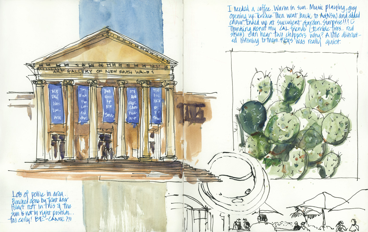 Urban sketching - Liz Steel, "Art Gallery, Café and Succulents, Sydney, Australia," 2021, ink and watercolor, 8 x 10-inch Stillman and Birn Alpha sketchbook