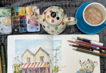 Liz Steel, "The Servant’s Quarters Tearoom, Morpeth, Australia," ink, watercolor and colored pencil, A4 portrait Moleskine watercolor sketchbook
