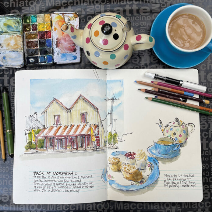 Liz Steel, "The Servant’s Quarters Tearoom, Morpeth, Australia," ink, watercolor and colored pencil, A4 portrait Moleskine watercolor sketchbook Liz Steel, "The Servant’s Quarters Tearoom, Morpeth, Australia," ink, watercolor and colored pencil, A4 portrait Moleskine watercolor sketchbook