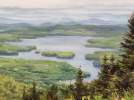 Accuracy Over Comfort Liane Whittum, "Sunapee Study #2," 2022, oil, 8 x 16 in., private collection, plein air painting
