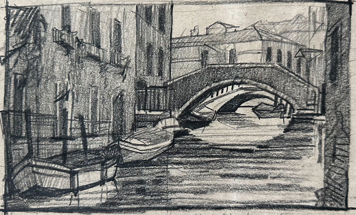 Liz Haywood-Sullivan, "Venetian Bridge study," 2019, Prismacolor pencil in sketchbook, 5 x 7 1/2 in., Collection the artist, Plein air