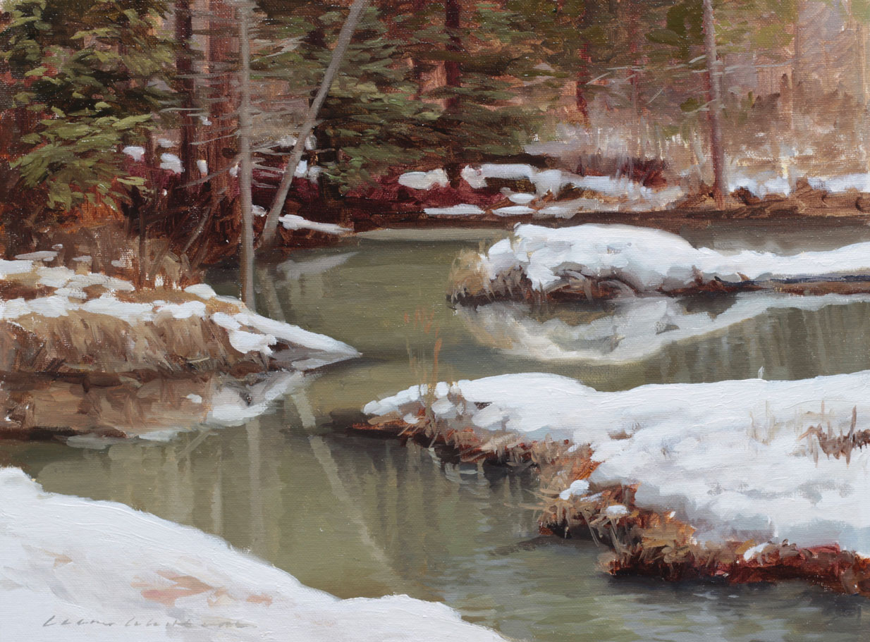 Liane Whittum, "Winter Brook," 2024, oil, 9 x 12 in., private collection, plein air