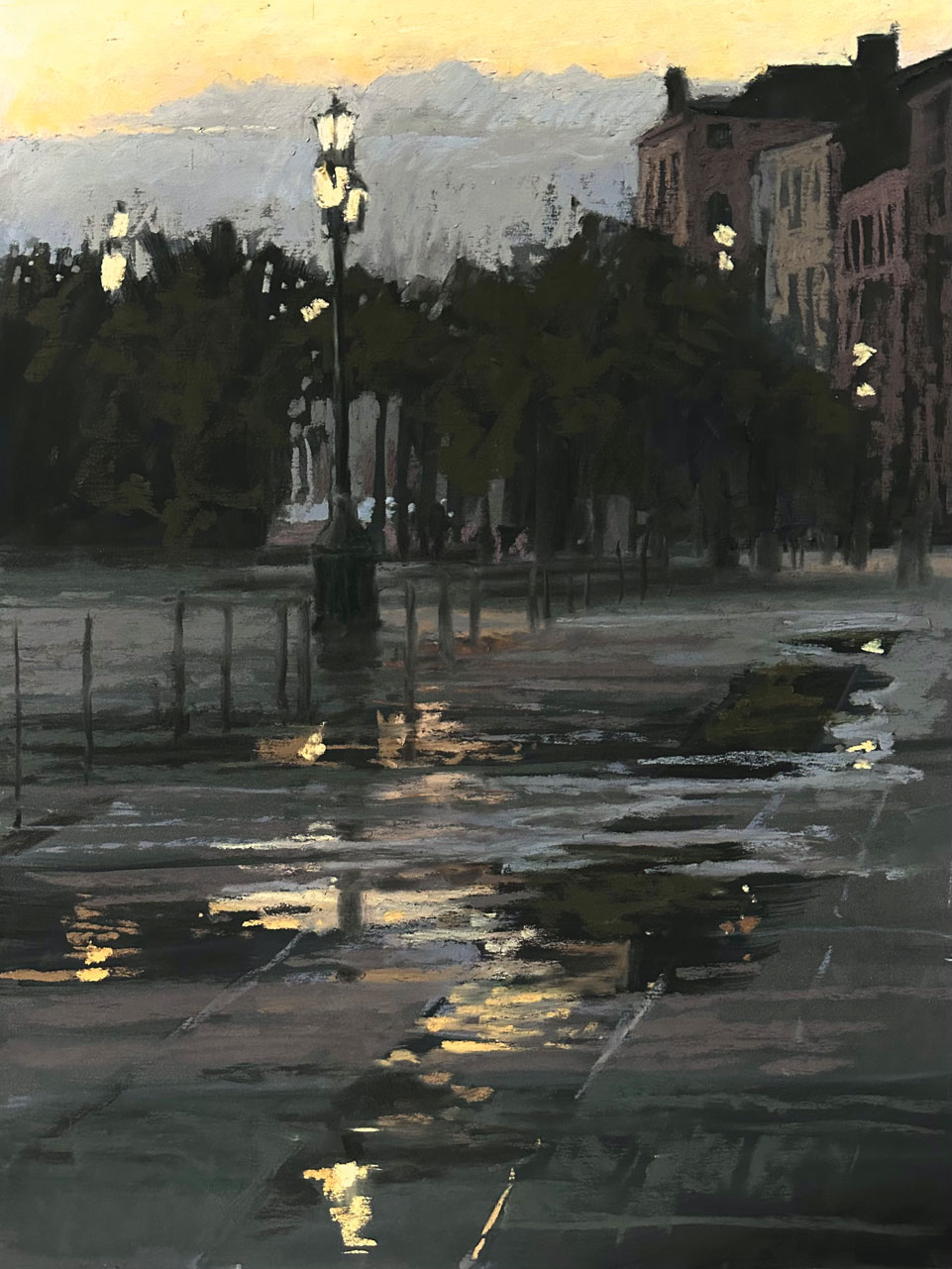 Liz Haywood-Sullivan, "Zattere Rainy Reflections," 2025, pastel, 16 x 12 in., Collection the artist, Studio from plein air study
