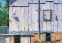 Paintings of barns - Lisa Stauffer, "Time Rolls On," 2022, pastel, 12 x 12 in., private collection, plein air