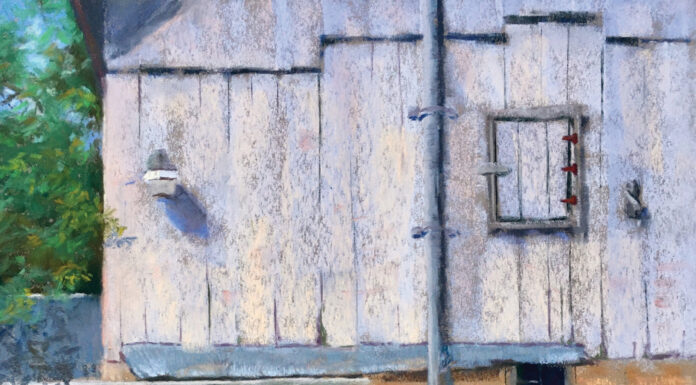 Paint These Beauties When You Find Them! Paintings of barns - Lisa Stauffer, "Time Rolls On," 2022, pastel, 12 x 12 in., private collection, plein air