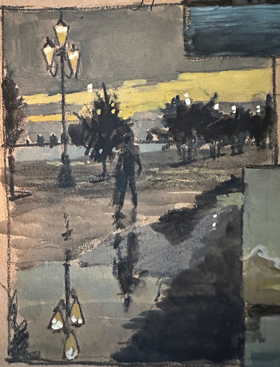 Liz Haywood-Sullivan, "Zattere Rainy Reflections study," 2024, watercolor, gouache, and Prismacolor pencil in sketchbook, 5 x 4 in., Collection the artist, Plein air