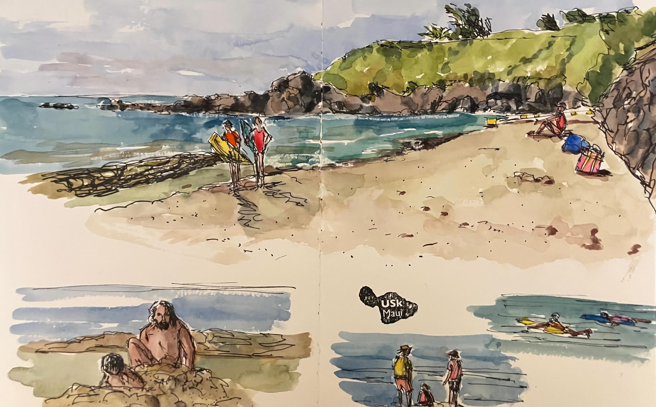 A double-page spread from an Urban Sketchers Maui meetup, where I captured several vignettes of the Hawaiian beach