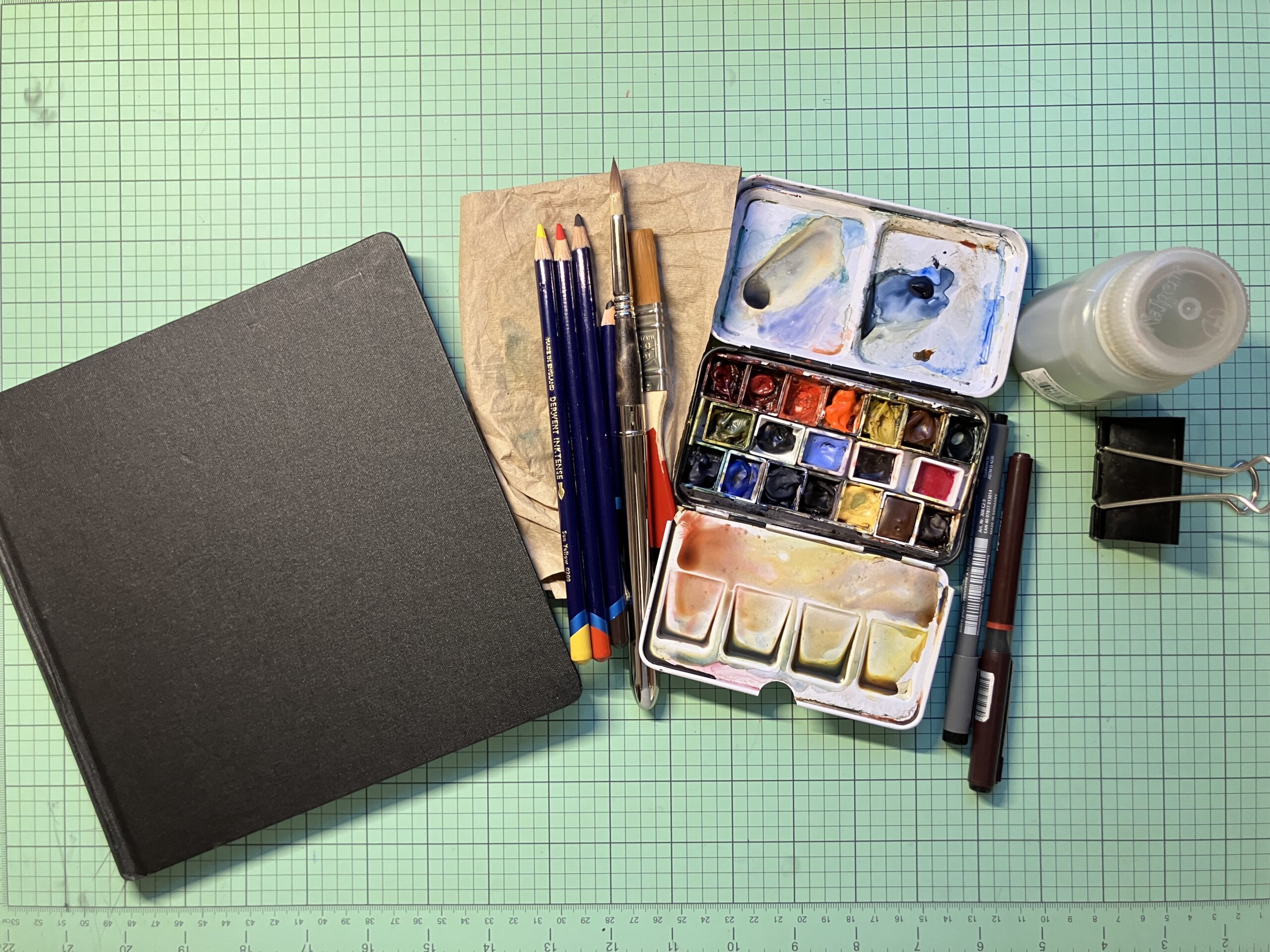 My limited, portable urban sketching kit—everything needed to capture a scene on location