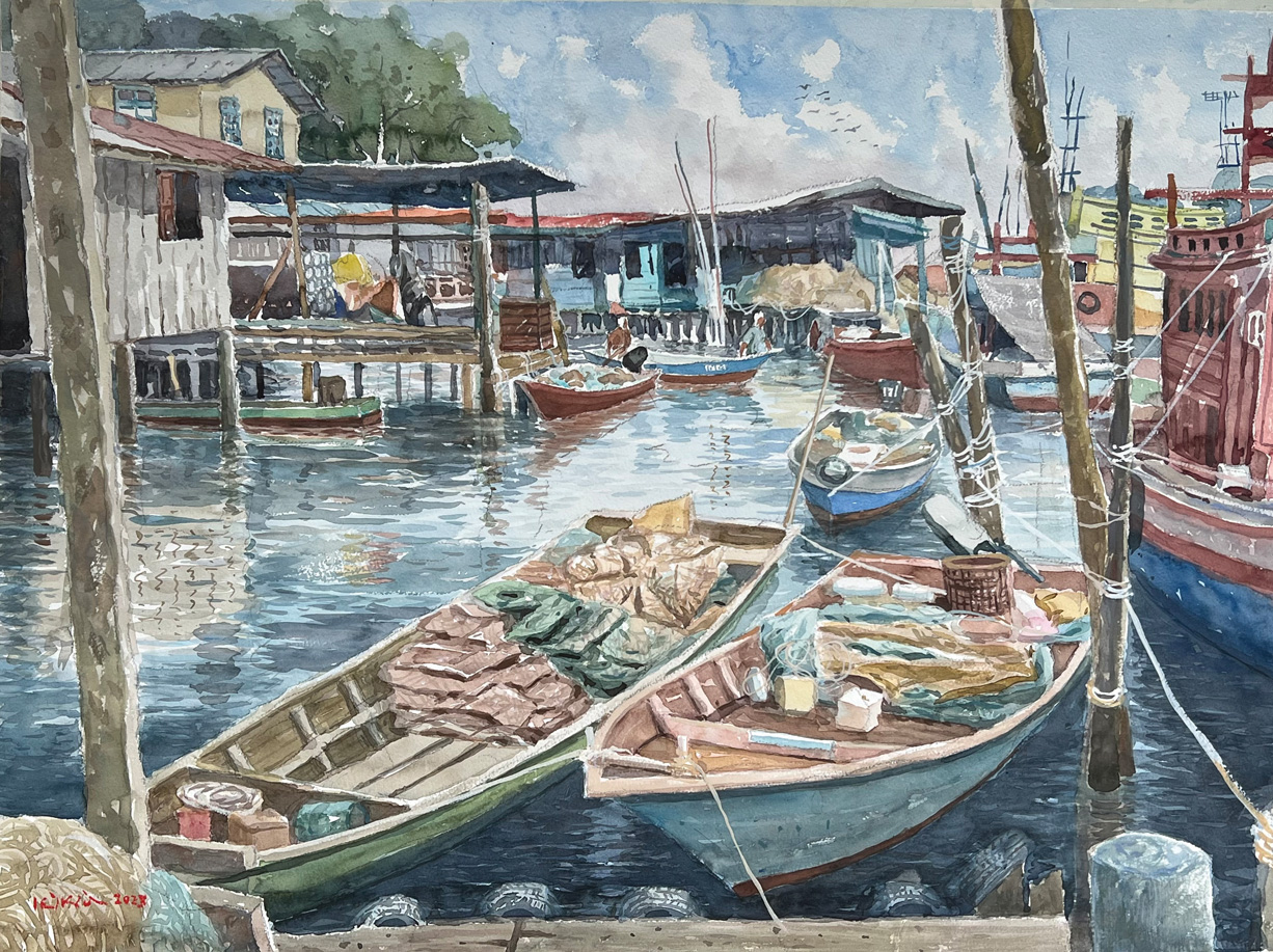Ismail Kadir, "Geting Port," 2023, watercolor, 21 1/2 x 29 in., Available from artist, Plein air and studio