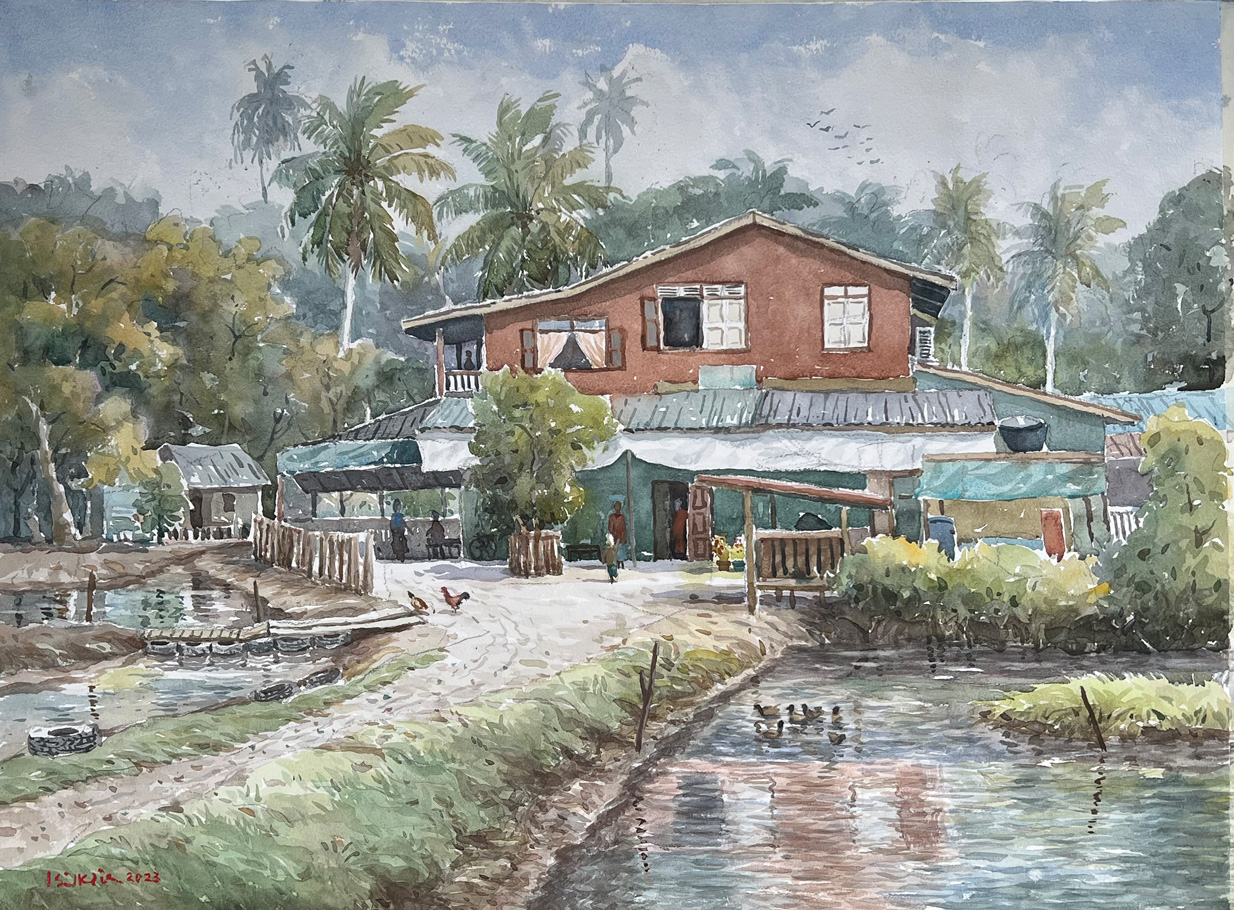 Ismail Kadir, "Pulau Gajah Village," 2023, watercolor, 21 x 28 1/2 in., Available from artist, Plein air