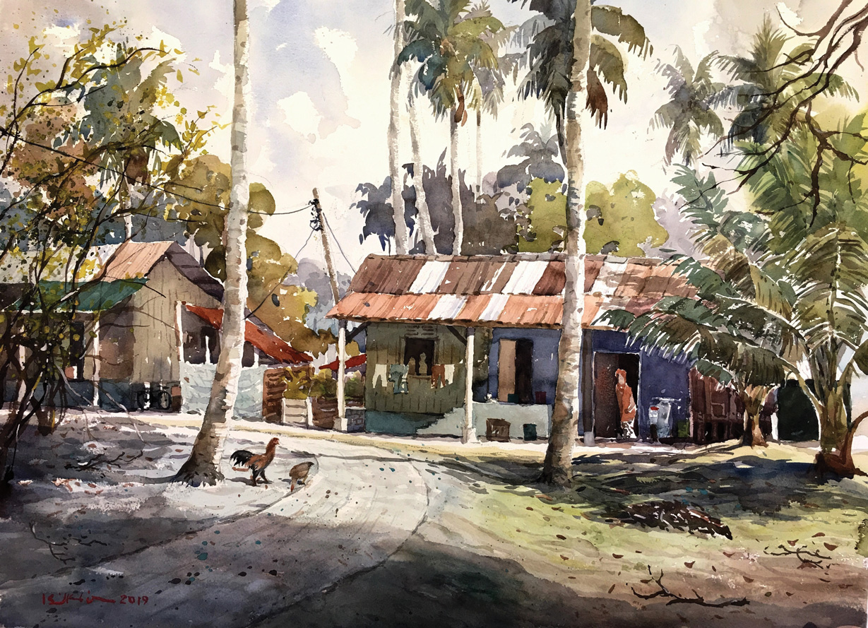 Ismail Kadir, "Pulau Kundur Village," 2019, watercolor, 21 x 29 in., Available from artist, Plein air
