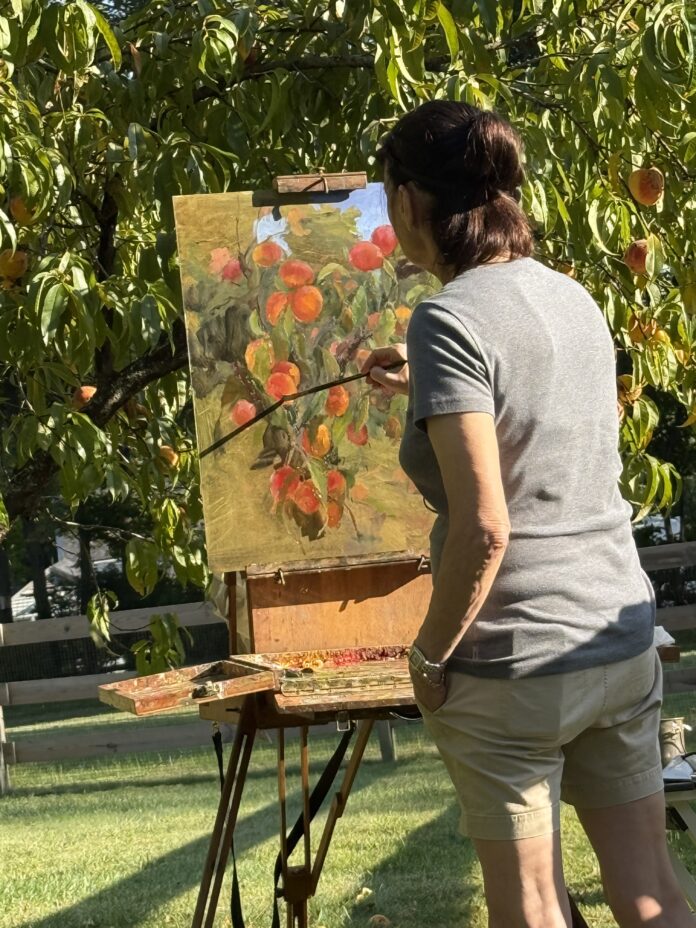 Stephanie Birdsall plein air painting fruit trees Stephanie Birdsall plein air painting fruit trees