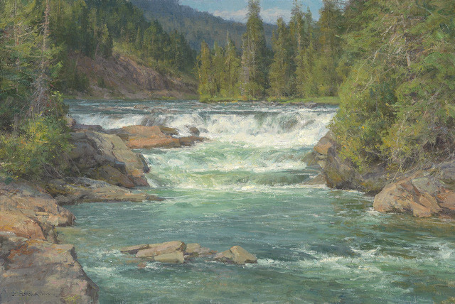 Clyde Aspevig, "Yaak Falls," oil on linen, 24 x 36 in., Available at The Wanda Hollensteiner Art Gallery starting September 19, 2026.