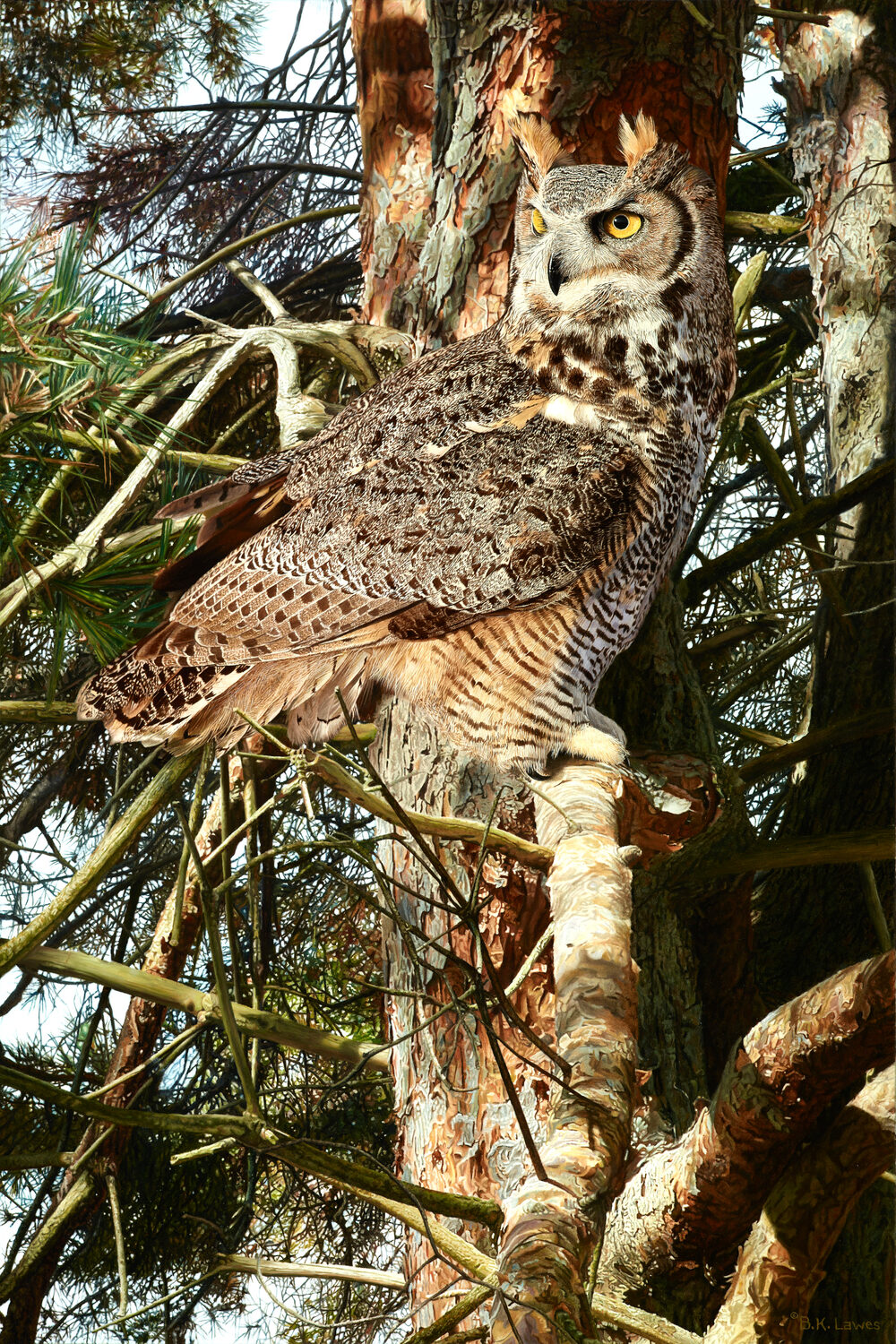 Salon Art Prize - First Place Overall: Bruce K. Lawes, “In Plain Sight,” oil, 30 x 20 in., realistic painting of an owl