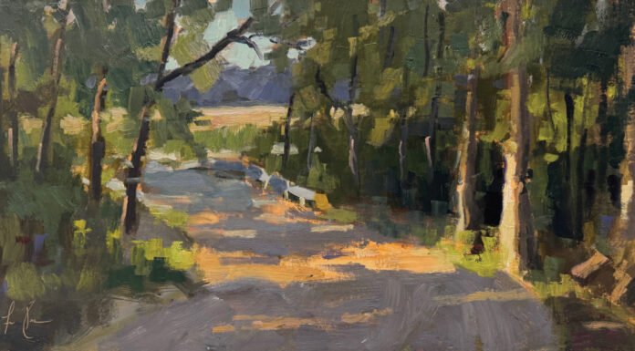 Notes From the Back Roads Fen Rascoe, "Sunday Drive," 2026, oil, 12 x 24 in., private collection, plein air