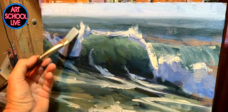 Painting demonstration of a seascape with breaking waves