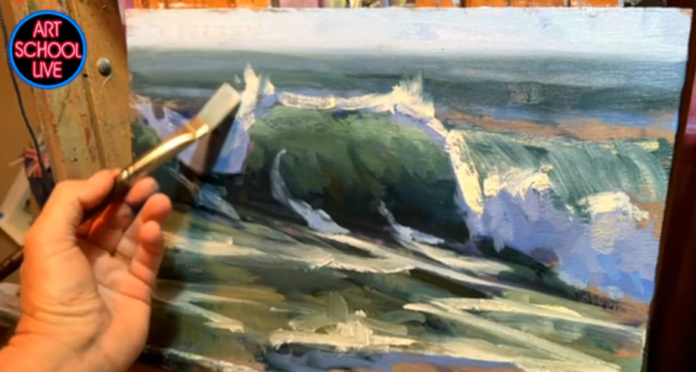 Painting demonstration of a seascape with breaking waves